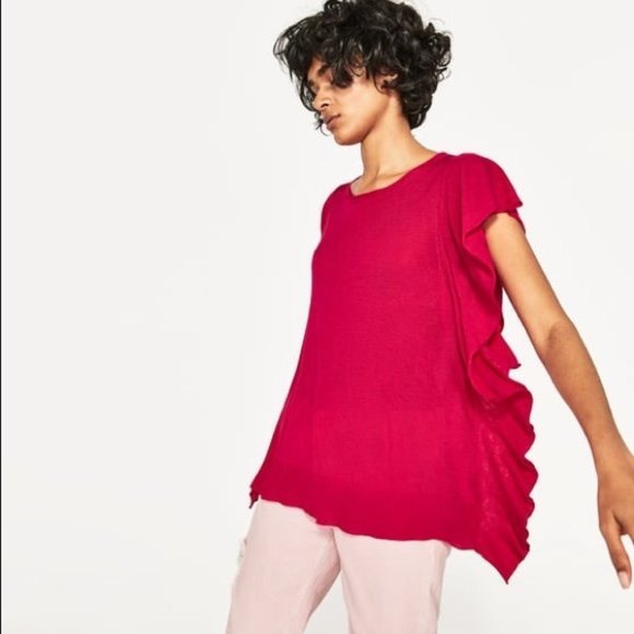 Zara Tops - Zara Fuchsia Pink Side Ruffle Knit Sweater Crew neck Blouse Large modest work